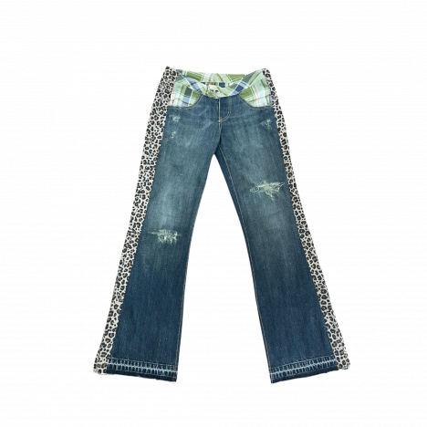 Blue Dirty Wash Plaid Leopard Hybrid Jeans