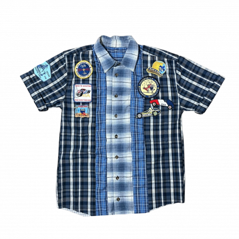 BLUE PLAID PATCH BUTTON UP
