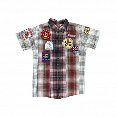RED PLAID PATCH BUTTON UP
