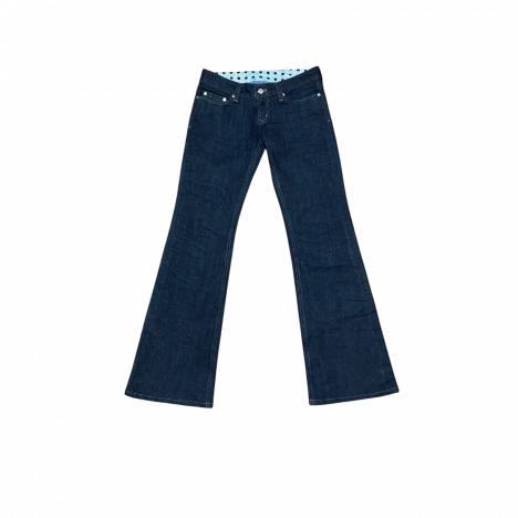 Handmade womens low rise flare zipper jeans in raw denim by Haydn Alxndr