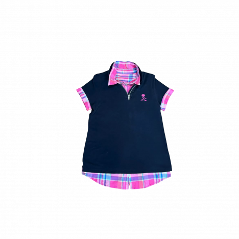 PINK/BLACK PLAID DOUBLE COLLAR SKULL POLO